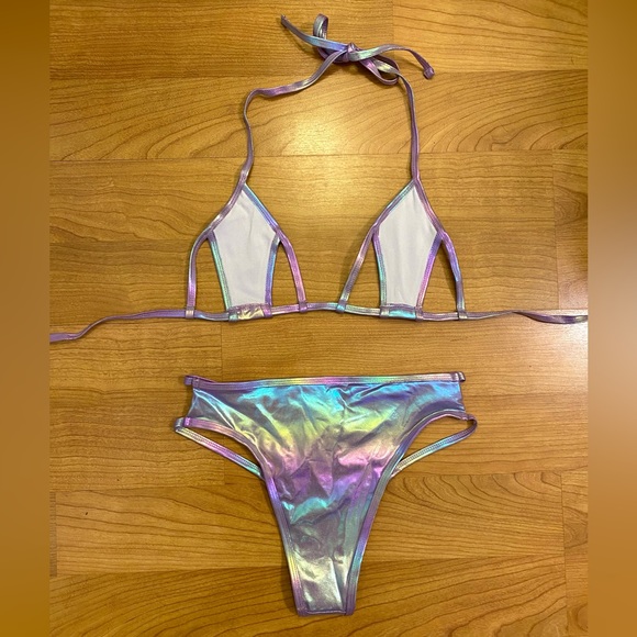 Purple Rainbow Holographic Cut Out Festival Bikini Set - Picture 3 of 4